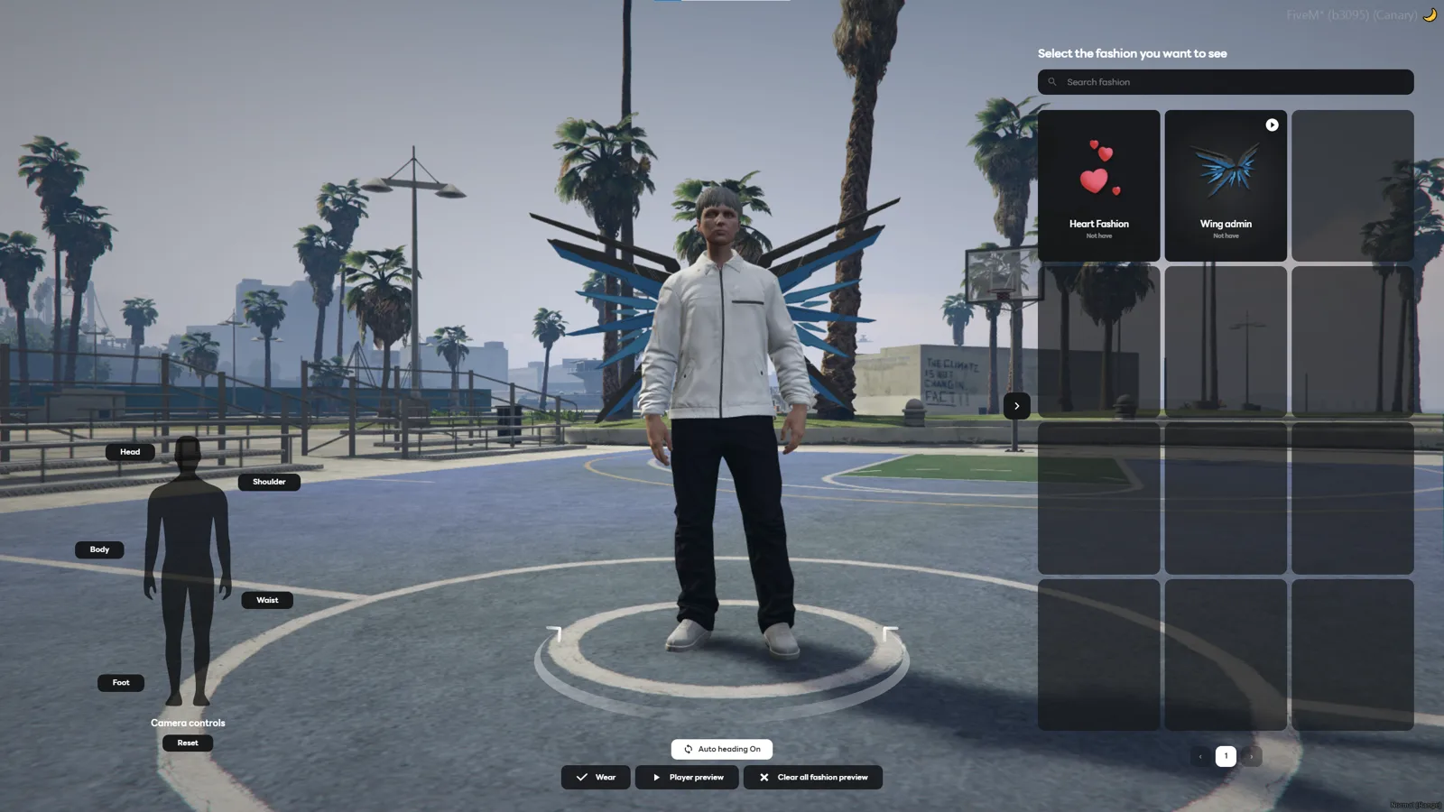 Fashion showcase with camera controls and an item list
